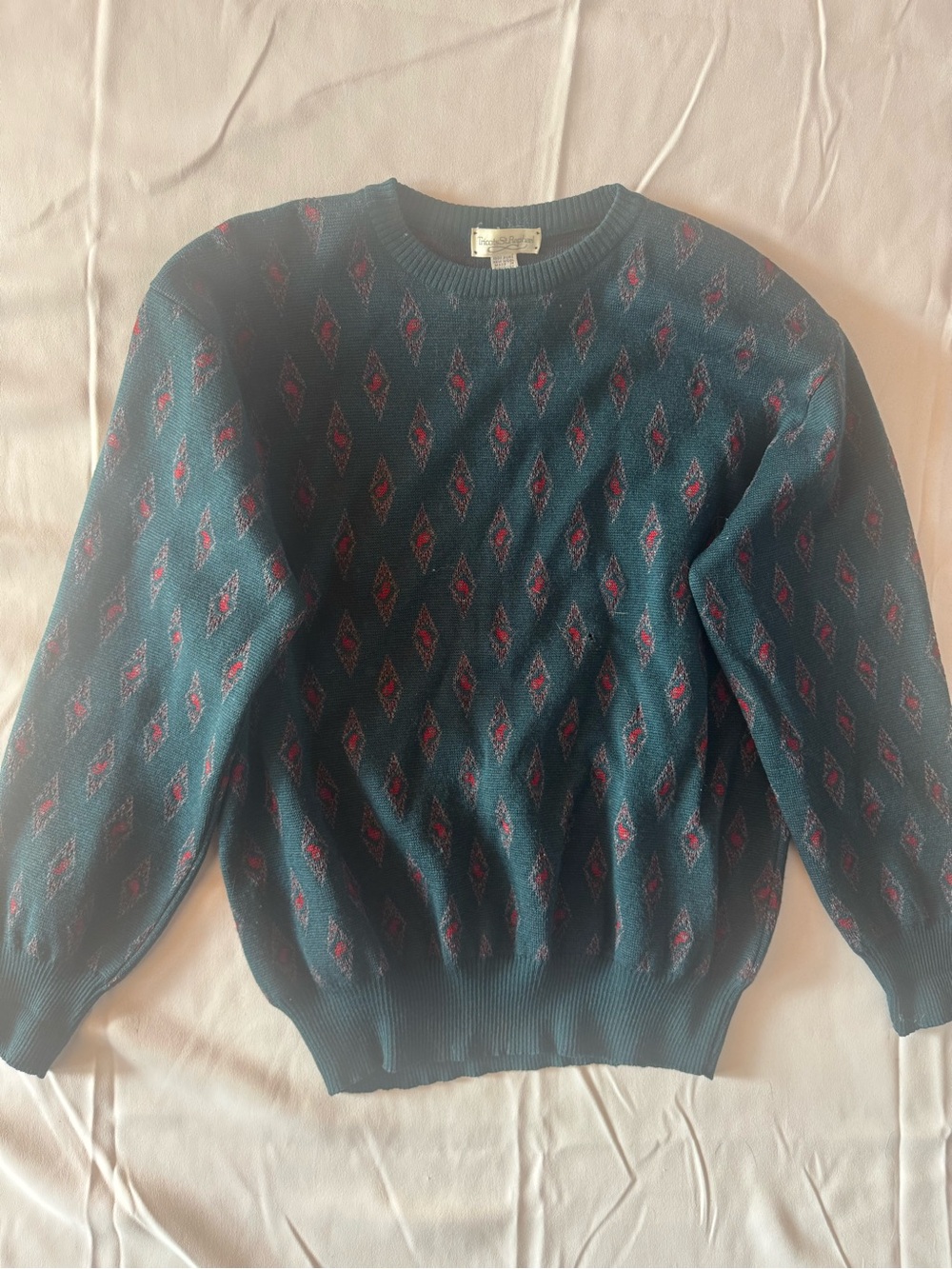 Men's Teal Crewneck vintage Diamond-Pattern Sweater Grandpacore